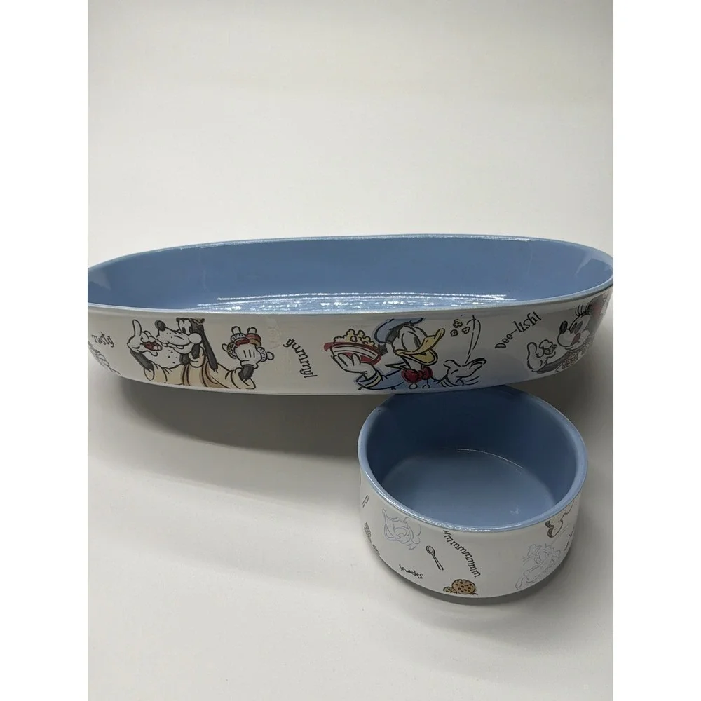 Disney Store Mickey & Friends Ceramic Chip and Dip Set Blue White‎ Snack Platter
